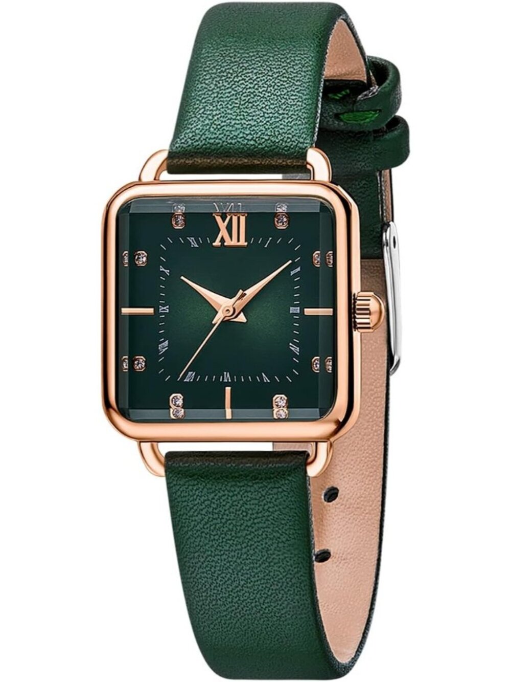 Women's Green Square Dial Quartz Stainless Steel Case Leather Strap Wrist Watch